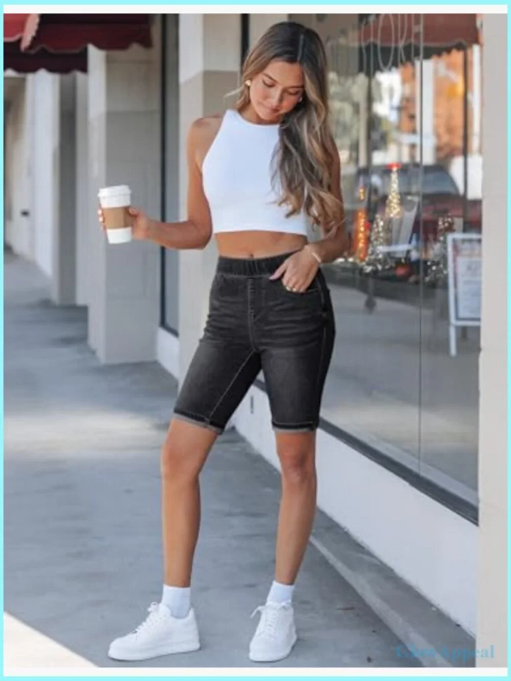 High Waisted Pull On Bermuda Jean Shorts Stretchy Denim Long Shorts
